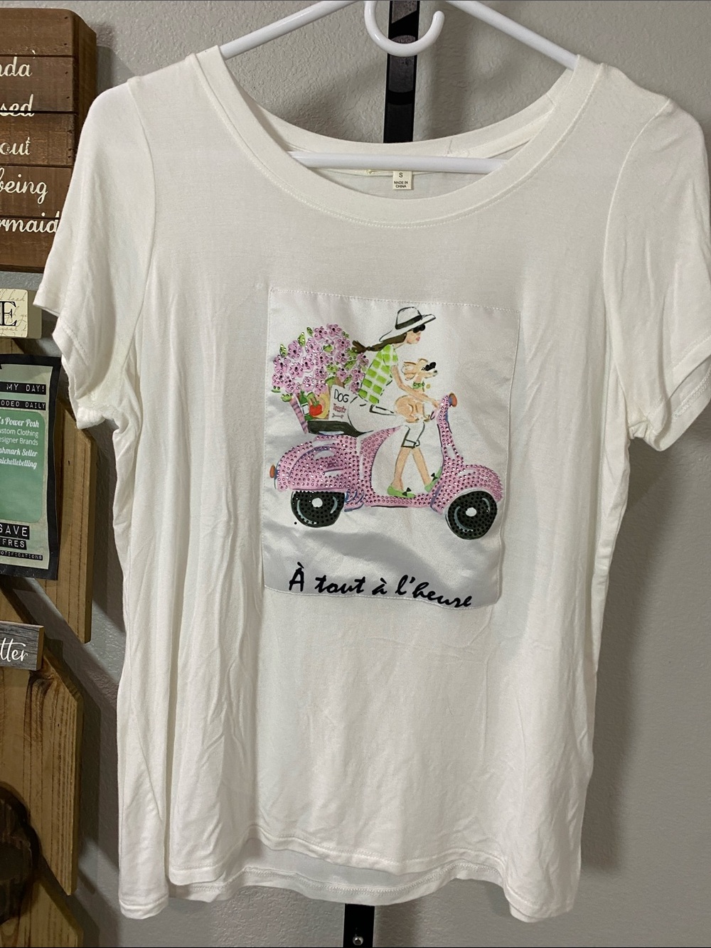 Cyrus White Tee with Pink Scooter and Floral Graphic pp22 L 24